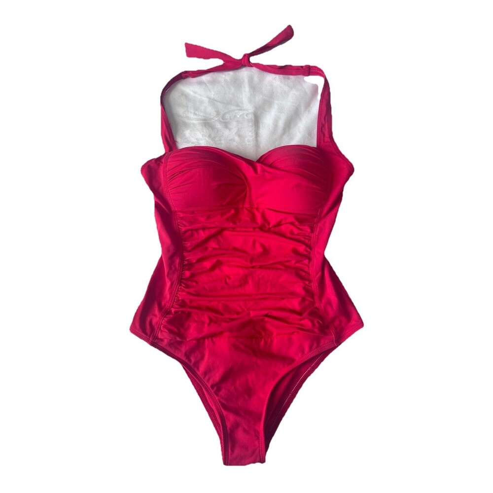 Liz Claiborne One Piece Swimsuit Size 8 Women's Ruched Red Halter Top Soft Cup